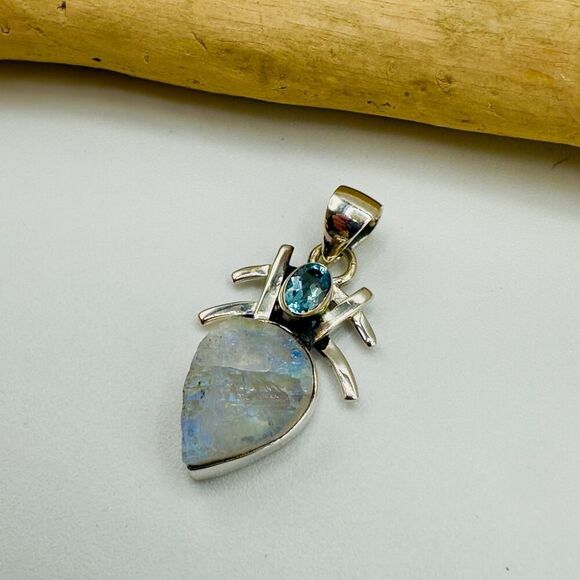 Sterling Silver Natural Rainbow Moonstone Rough & Blue Topaz Pendant - Picture 5 of 16